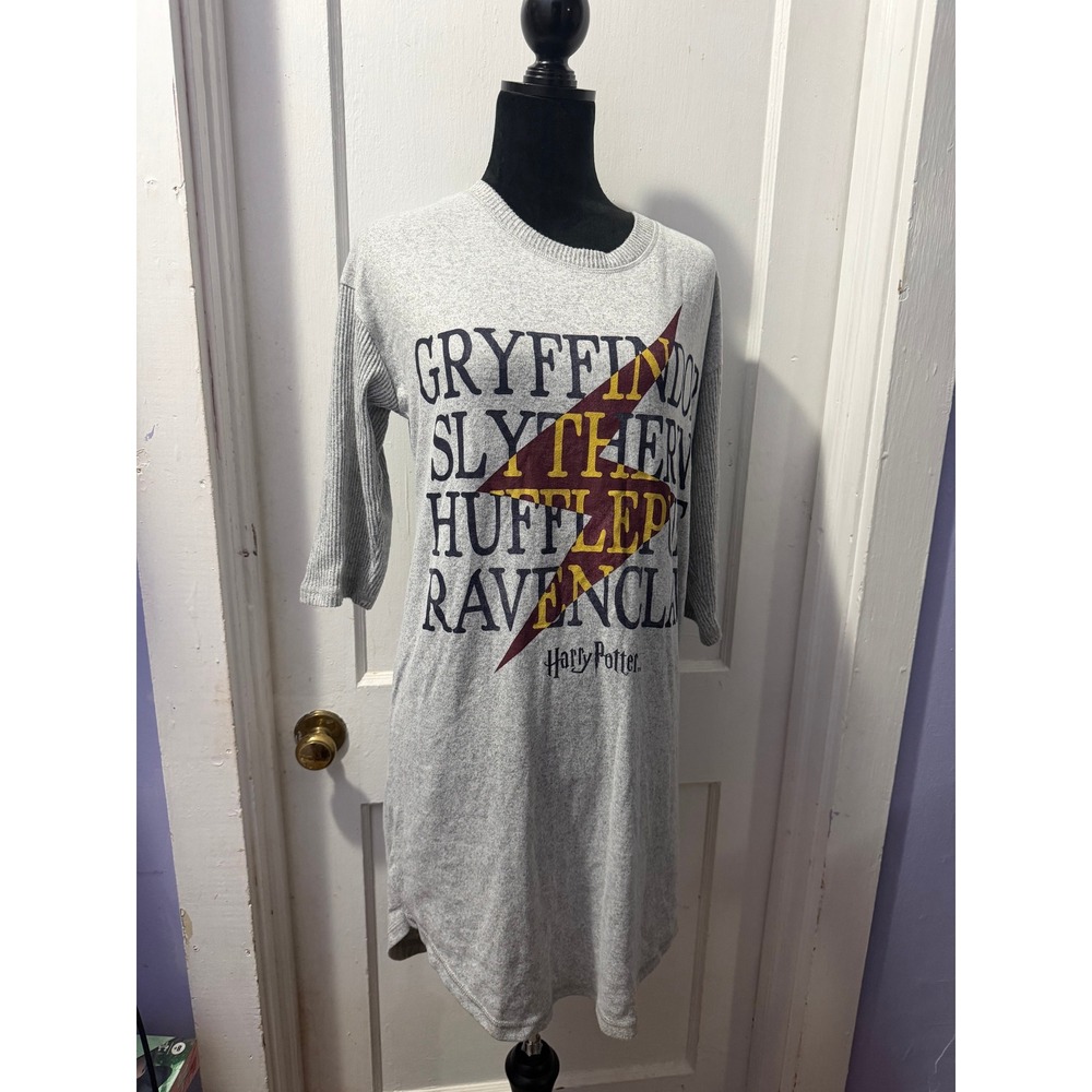 Harry Potter Grey Hogwarts Houses Graphic Lightning Bolt 3/4 Sleeve Dress XS